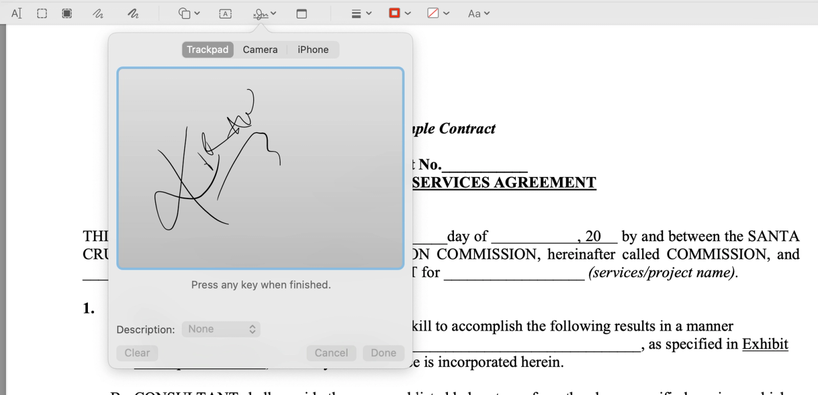 a screenshot of a service agreement being signed