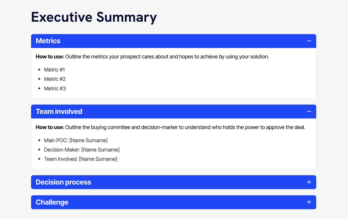 An Executive Summary document with expanded sections for Metrics and Team Involved, and collapsed sections for Decision Process and Challenge.