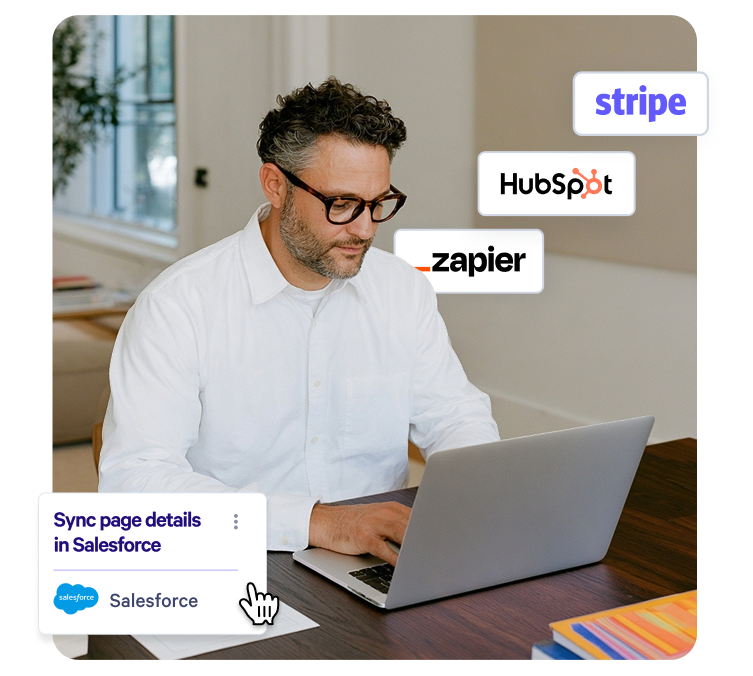 A man uses a laptop, with floating logos for Stripe, HubSpot, and Zapier, and a popup showing "Sync page details in Salesforce" being clicked.