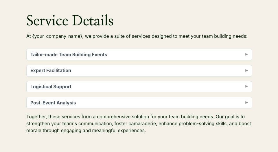 a page that says service details at the top