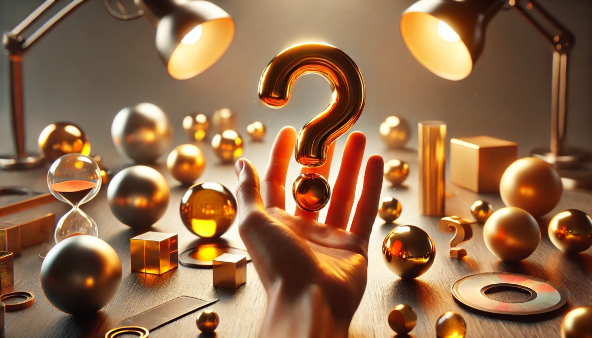 a hand is holding a gold question mark in front of a table filled with gold objects .
