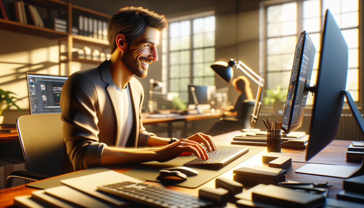 Man smiling in front of computer