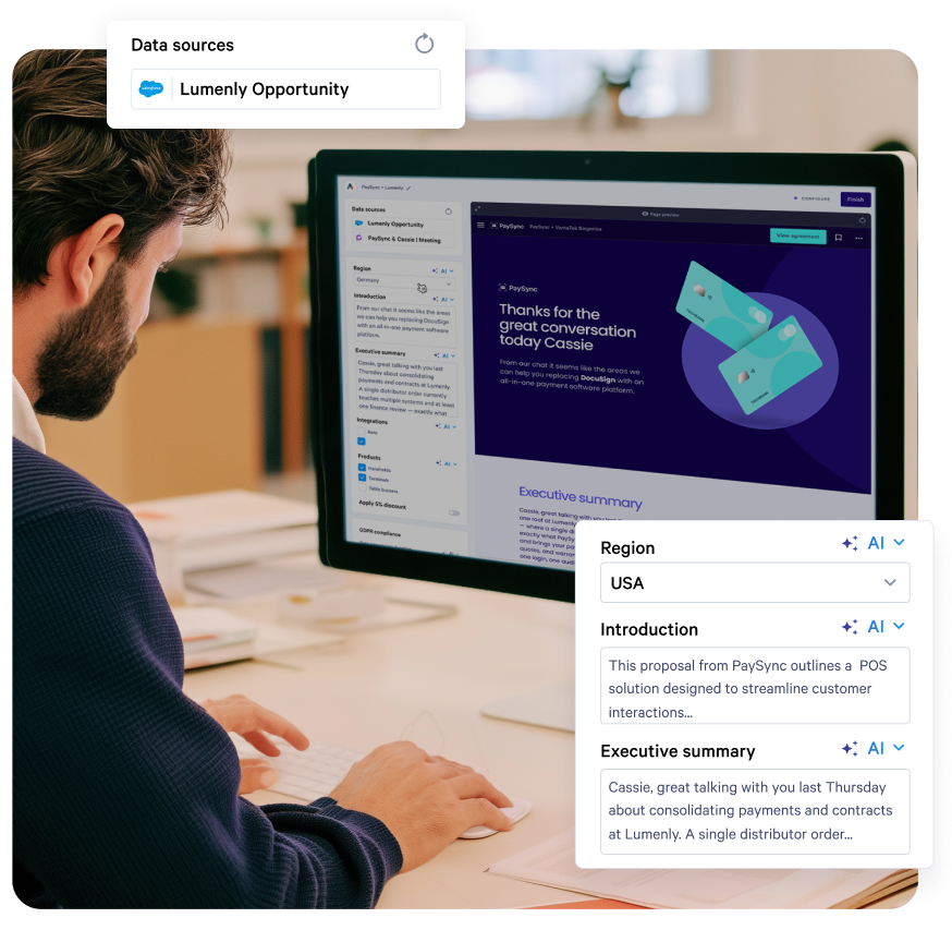A person uses a computer to generate an AI-powered business proposal, incorporating Salesforce data.