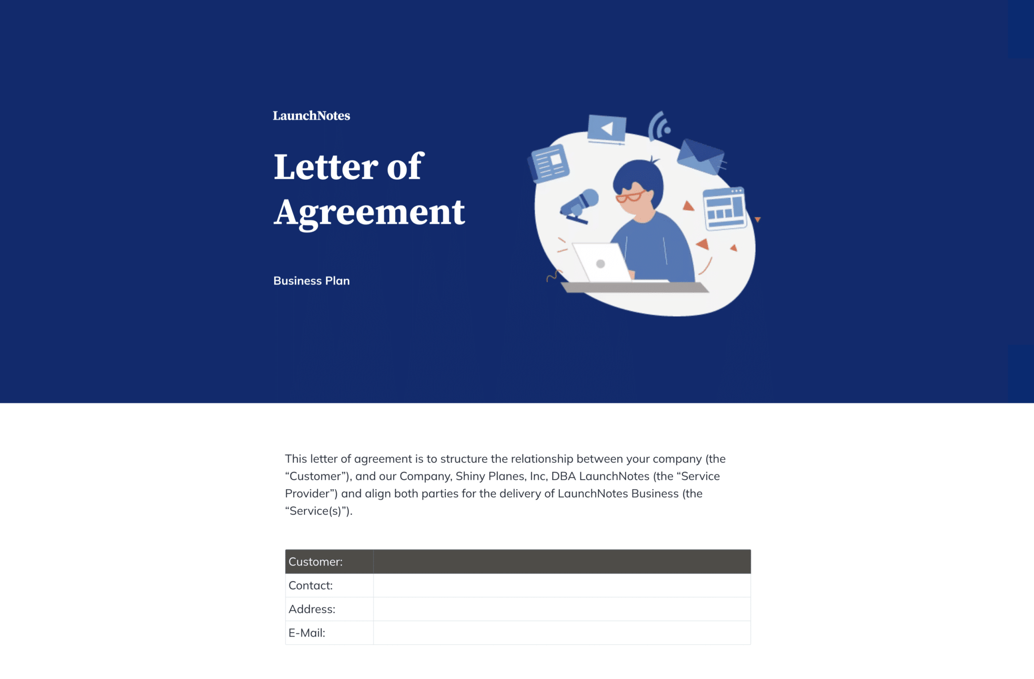 Screenshot of "letter of agreement" Qwilr page by LaunchNotes