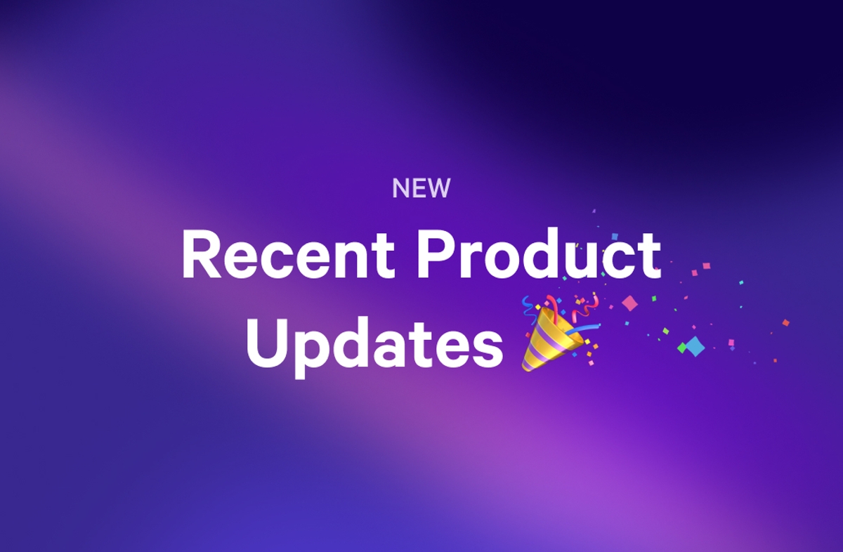 a purple background with the words `` recent product updates '' and a party hat .