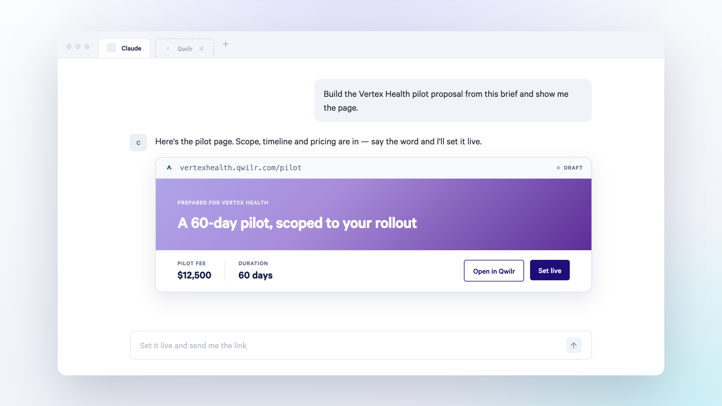 An AI assistant interface displays a generated pilot proposal card for "Vertex Health" with a $12,500 fee and 60-day duration.