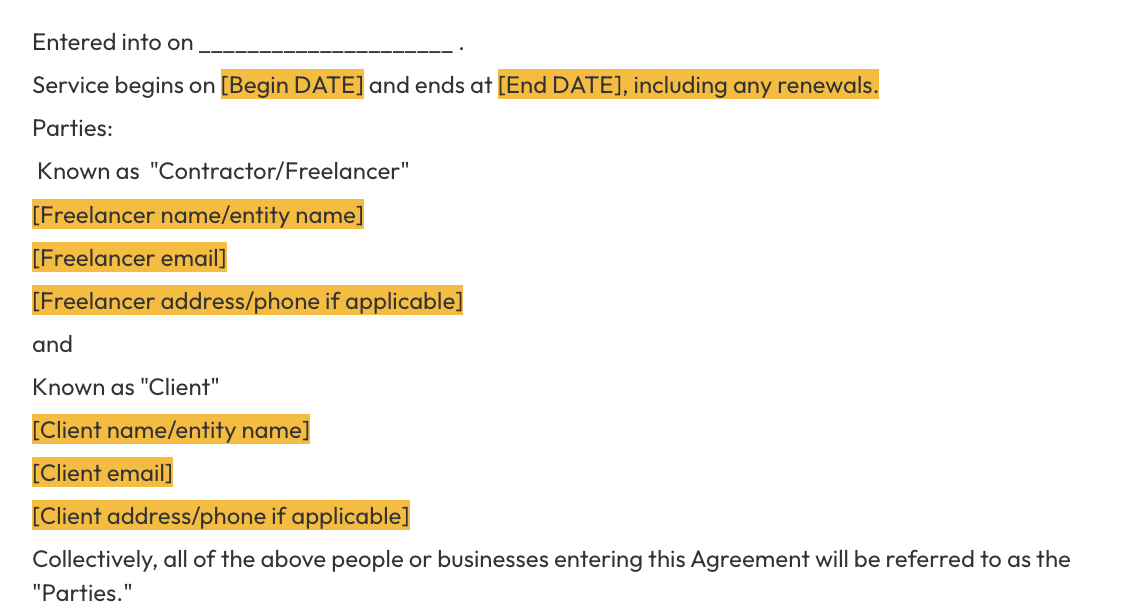 a page that says entered into on service begins on begin date and ends at end date including any renewal