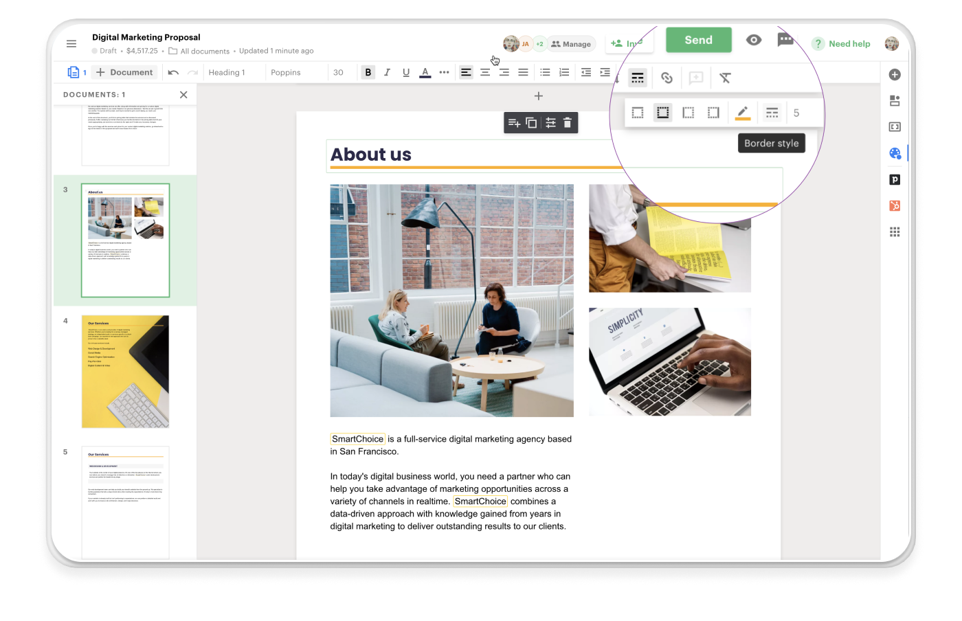 Pandadocs Digital document editor displaying a marketing proposal with an "About us" section and a highlighted "Border style" design tool.