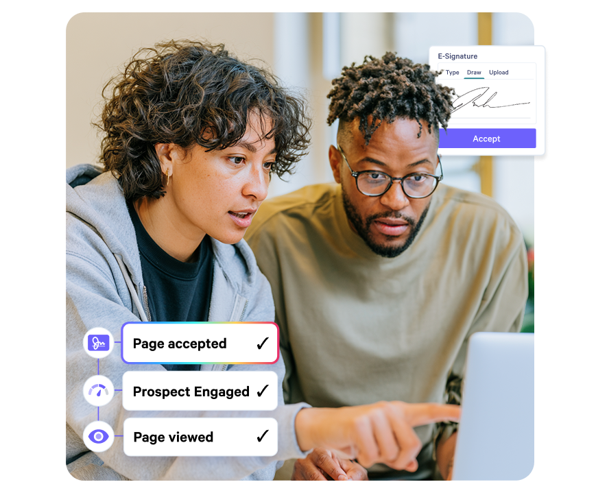 Two people look at a laptop displaying an e-signature prompt and a list of completed actions like "Page accepted" and "Prospect Engaged."