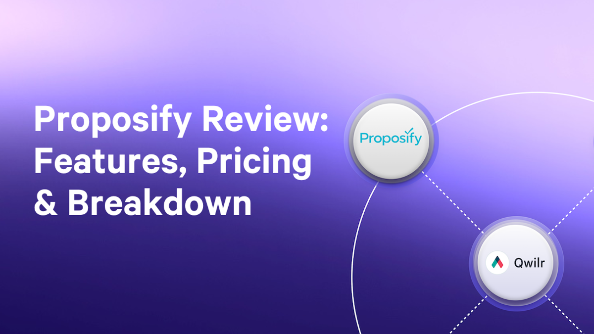 a purple background with the words proposify review features pricing and breakdown