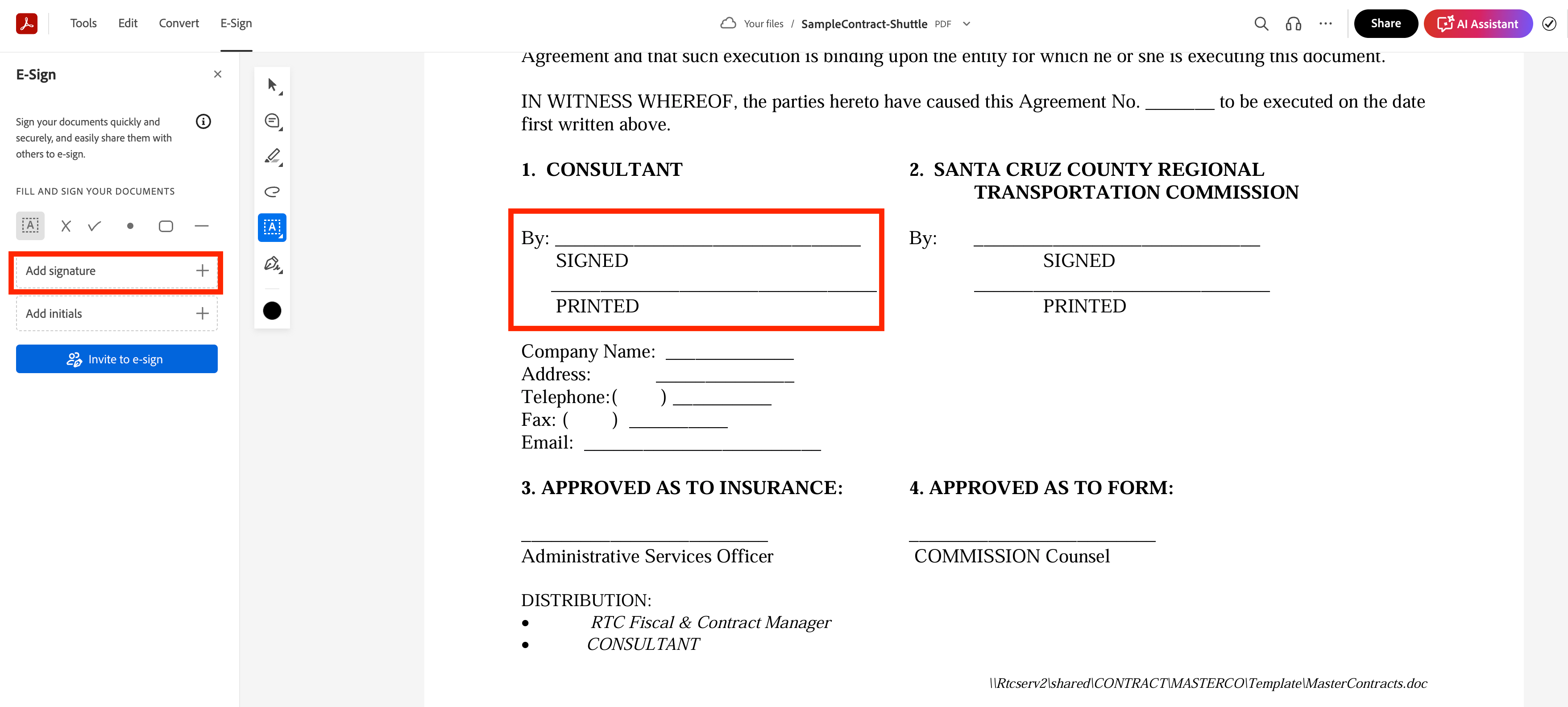 a screenshot of a signed agreement from santa cruz county regional transportation commission