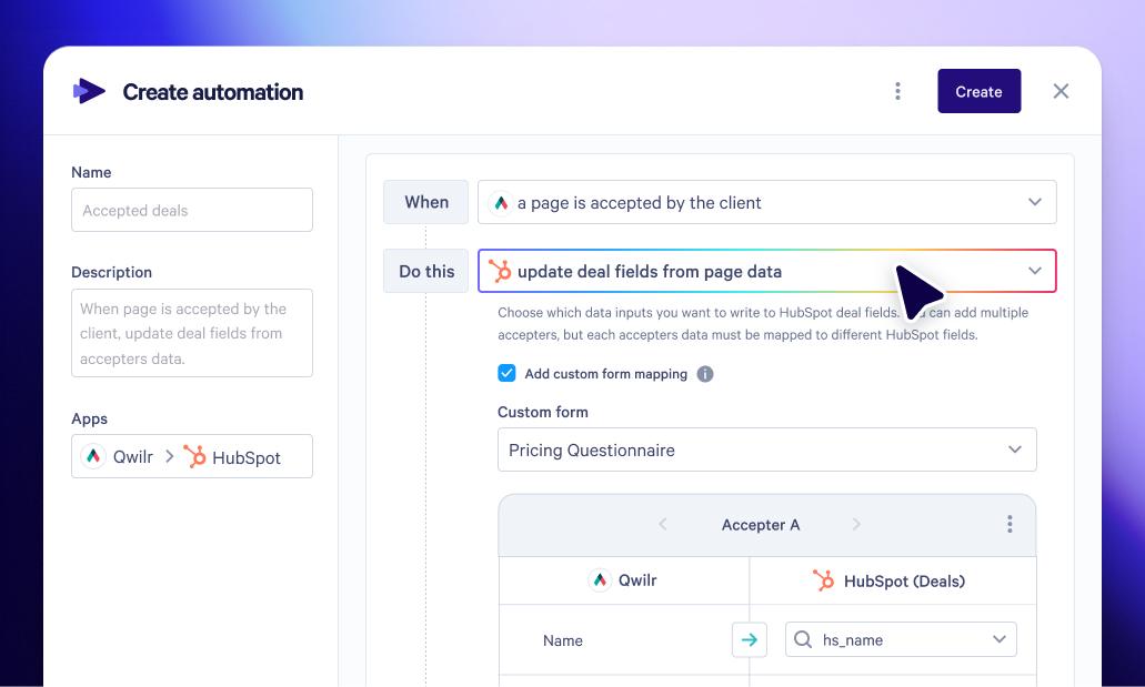 Automation setup screen configuring a workflow to update HubSpot deal fields from accepted page data.