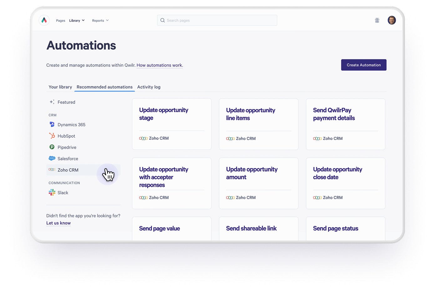 Automations page displaying recommended templates for CRM and communication apps, with a cursor on Zoho CRM.