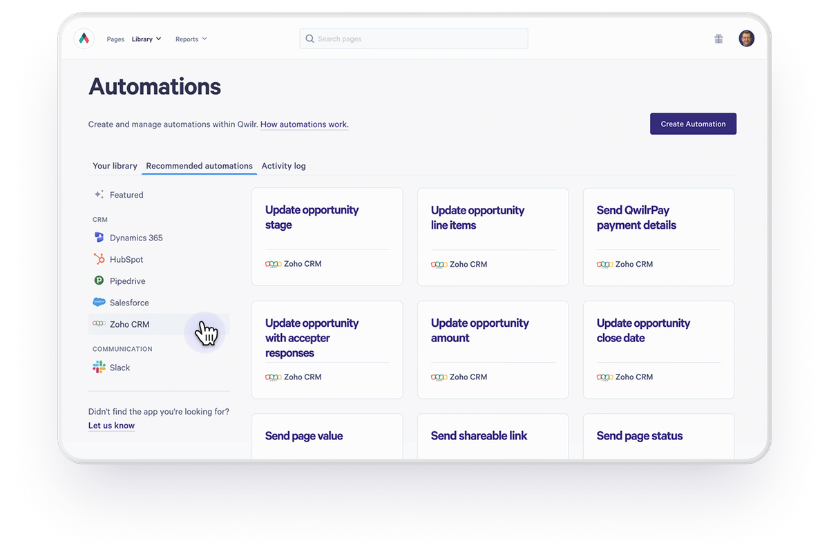 Automations dashboard showing recommended integrations, with a cursor hovering over Zoho CRM in the app list.