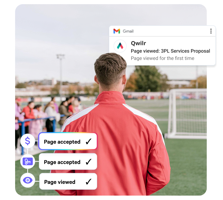 A man in a red jacket looks at a soccer field, with digital notifications showing a proposal being viewed and accepted.