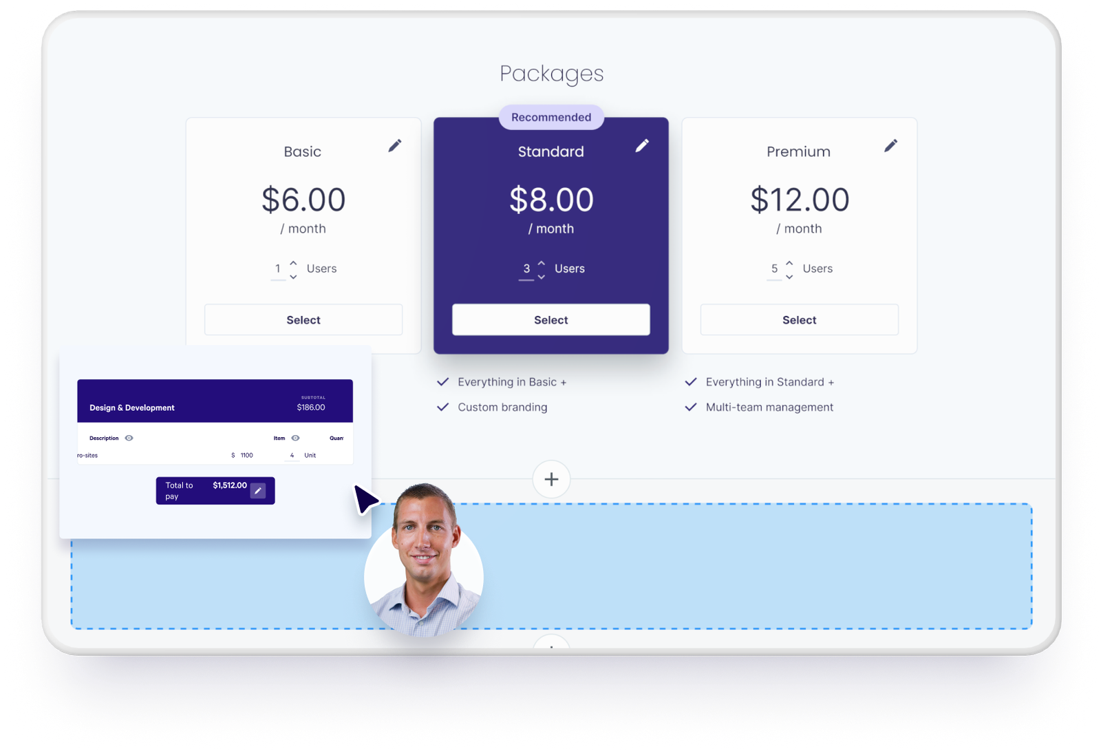 A tablet screen displaying pricing packages, a man's profile, and an invoice pop-up being moved towards a blank content area.