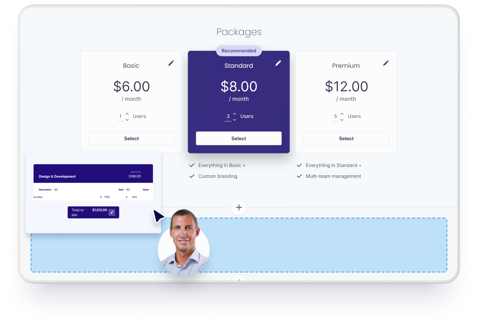 A tablet screen displaying pricing packages, a man's profile, and an invoice pop-up being moved towards a blank content area.