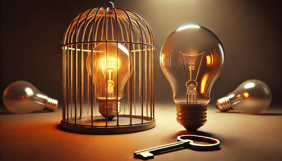 a bird cage with two light bulbs inside of it and a key .