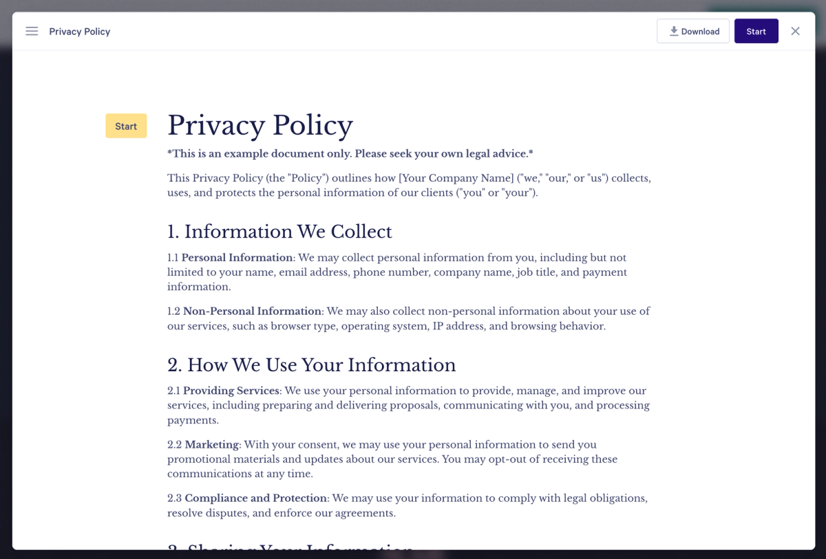 a privacy policy is displayed on a computer screen