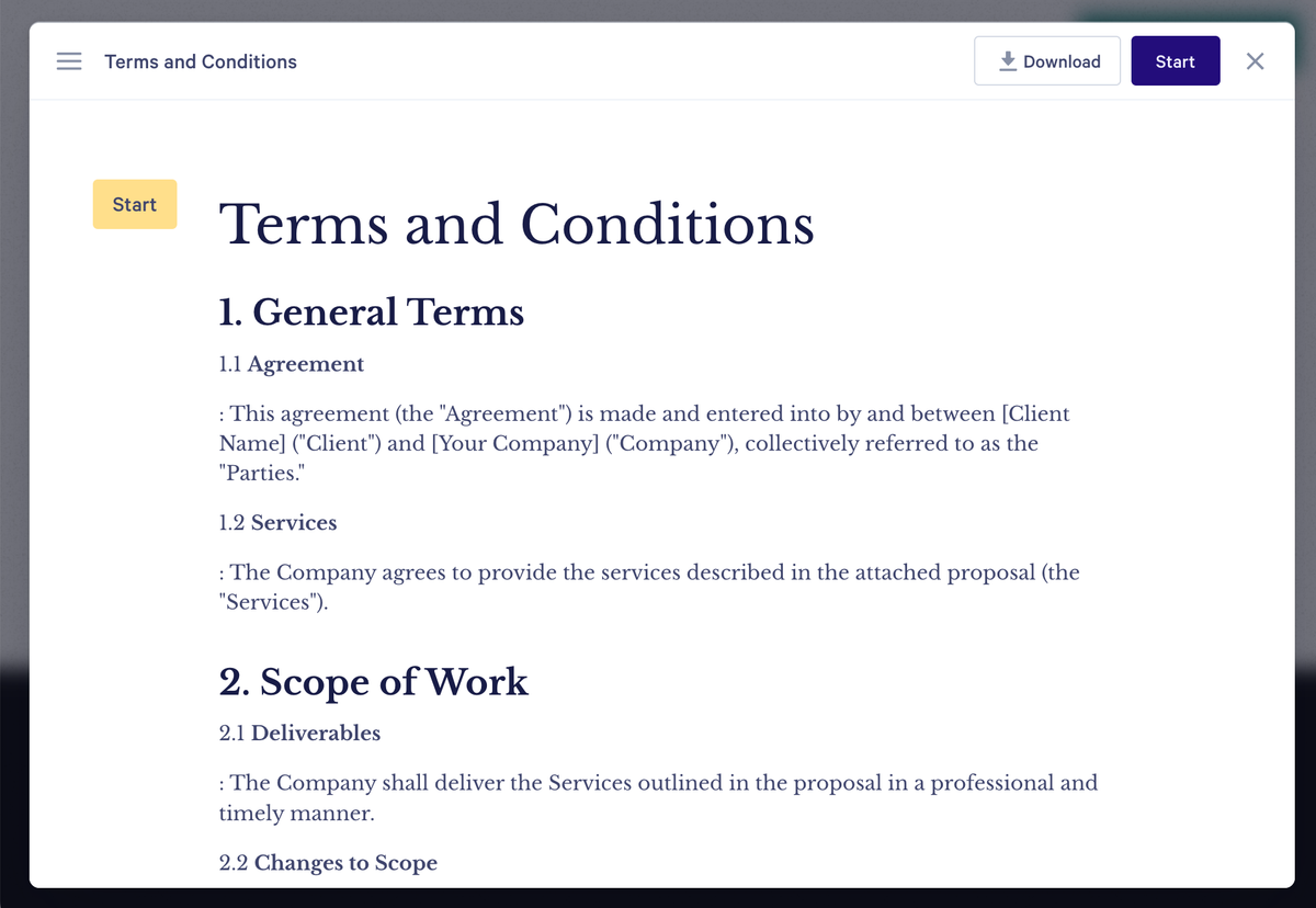 A digital document displaying "Terms and Conditions," with sections "General Terms" and "Scope of Work," and "Download" and "Start" buttons.