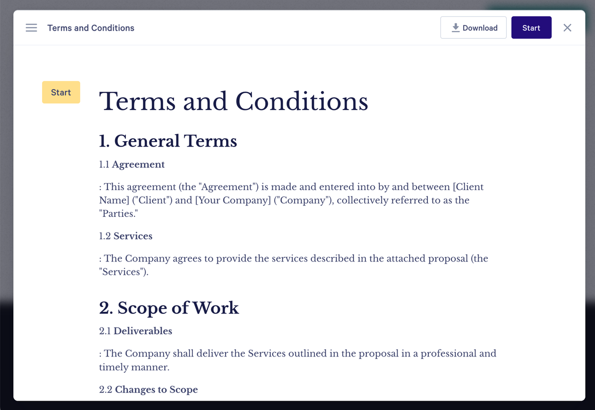 A digital document displaying "Terms and Conditions," with sections "General Terms" and "Scope of Work," and "Download" and "Start" buttons.