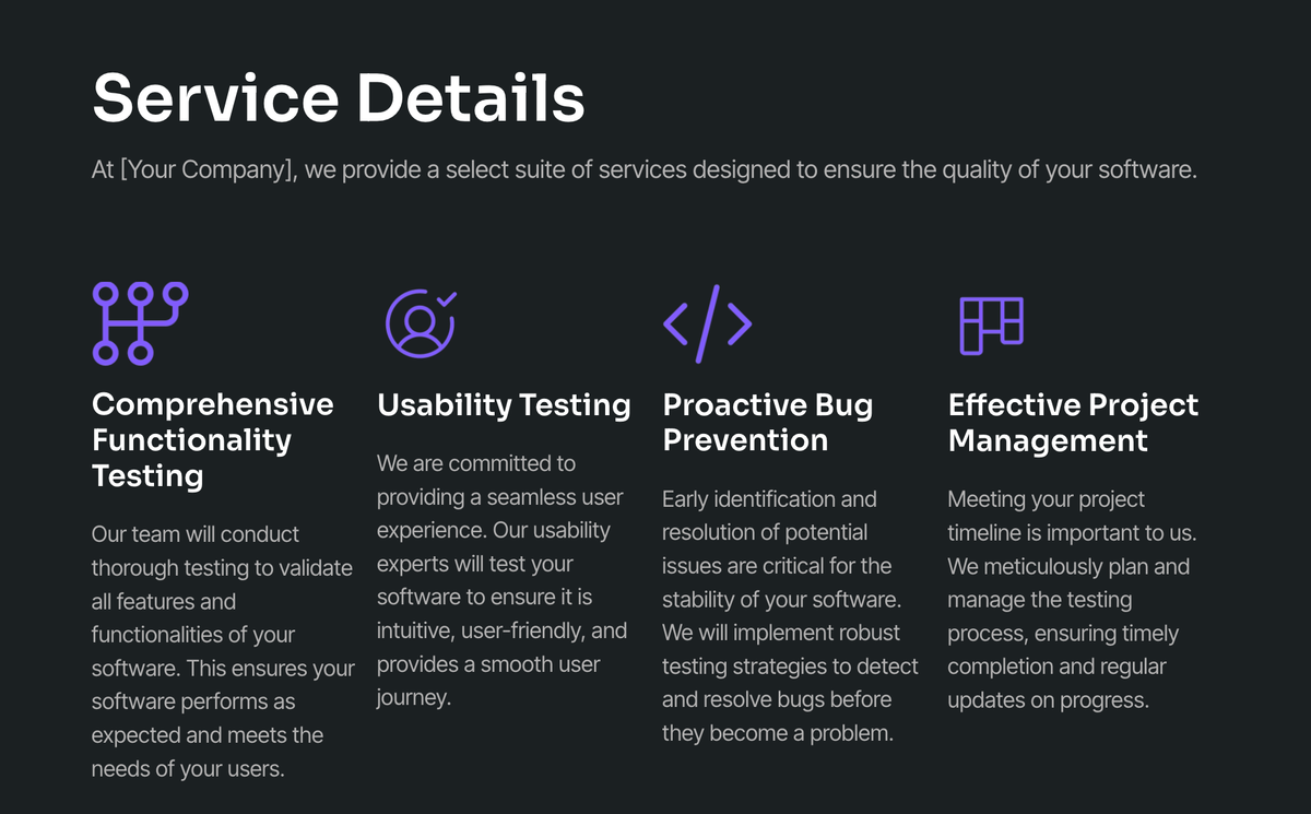 A slide titled "Service Details" outlining four services: Comprehensive Functionality Testing, Usability Testing, Proactive Bug Prevention, and Effective Project Management.
