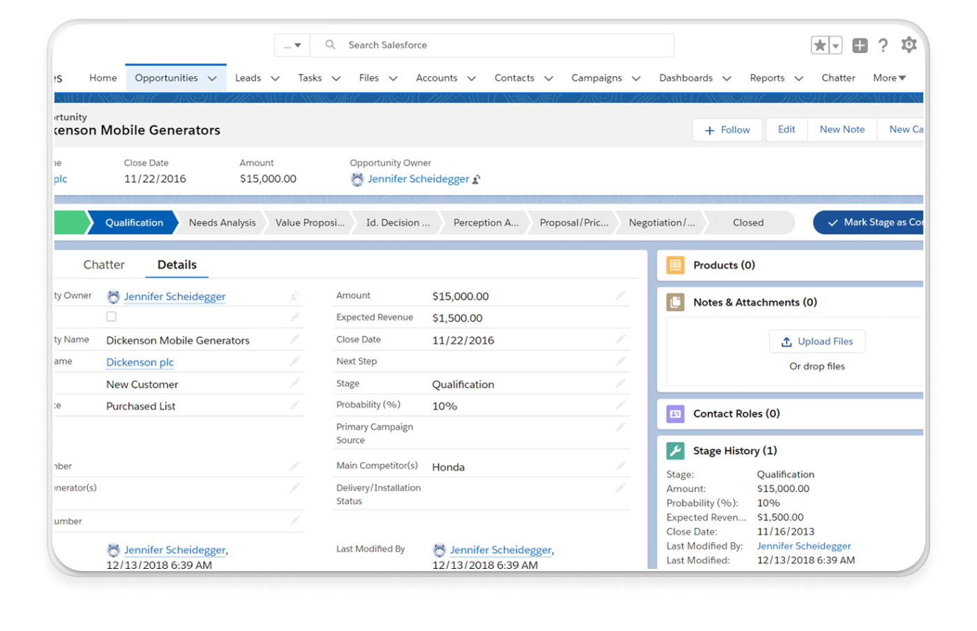 a screenshot of a salesforce dashboard for a mobile generator