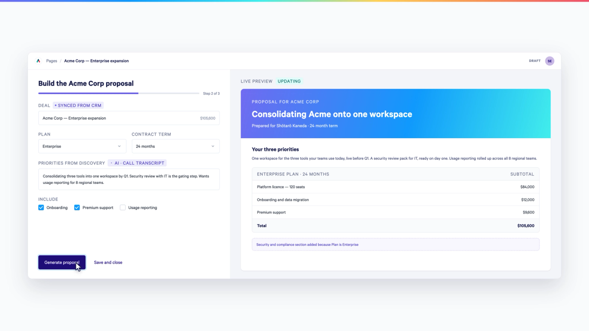 A software interface for building a proposal for "Acme Corp", with form fields on the left and a live preview displaying pricing details on the right.