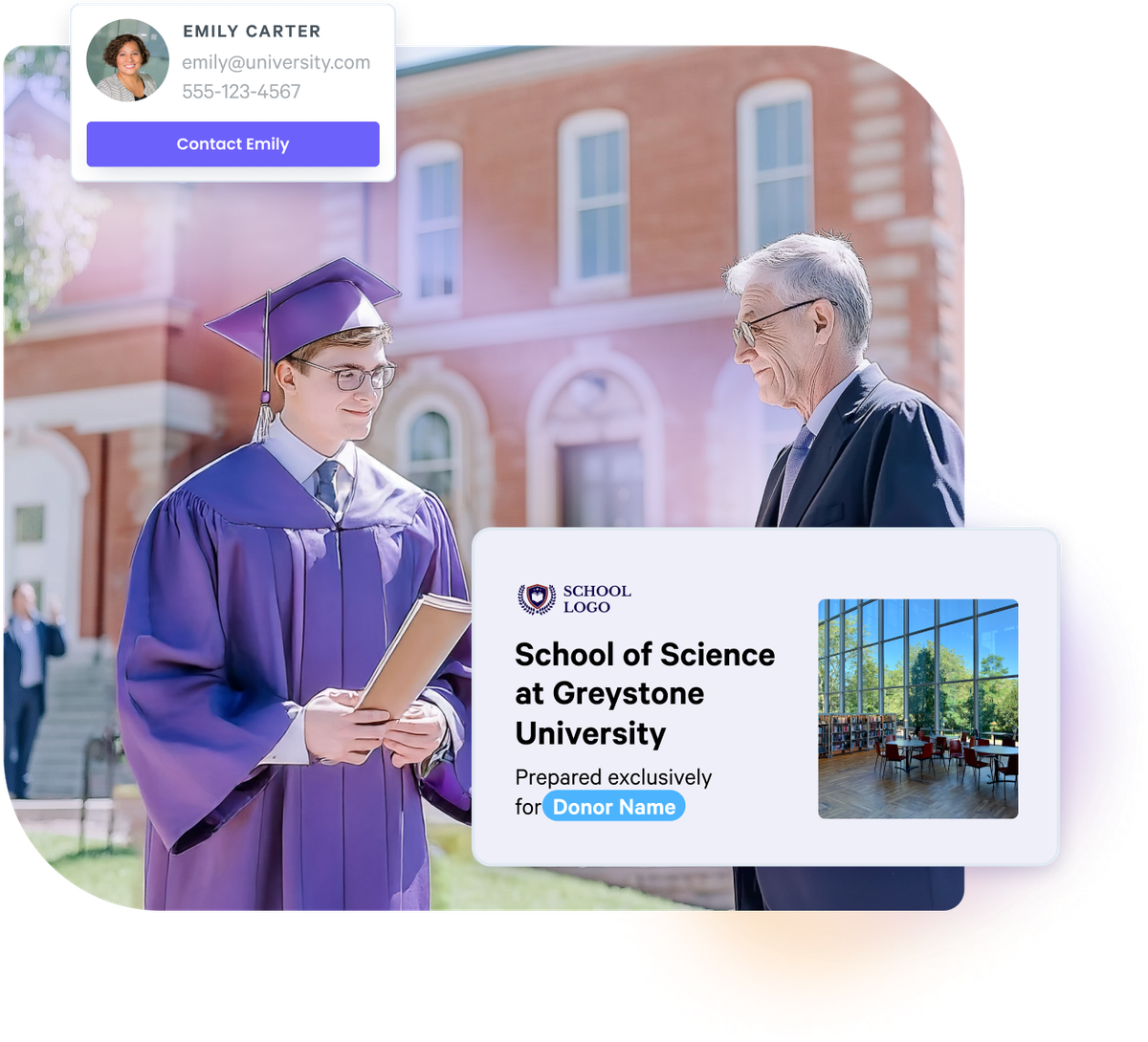 a man in a graduation cap and gown talks to a man in a suit