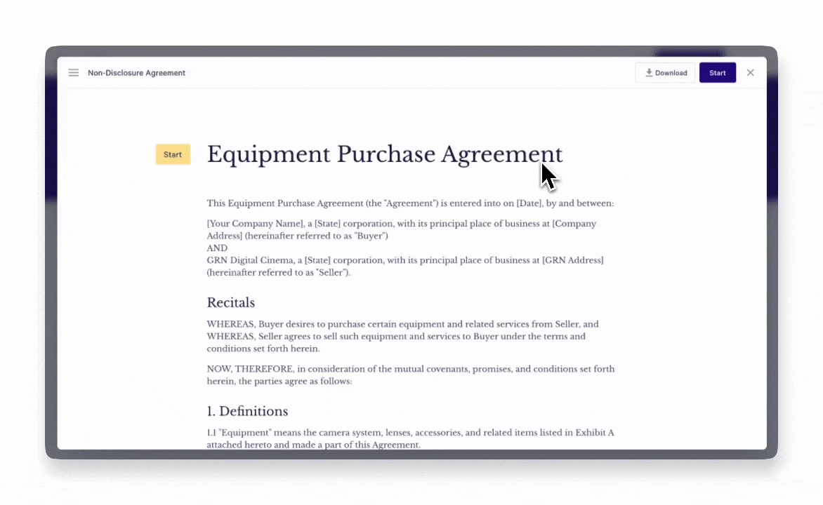 A digital document titled "Equipment Purchase Agreement" with a mouse cursor pointing at the title.