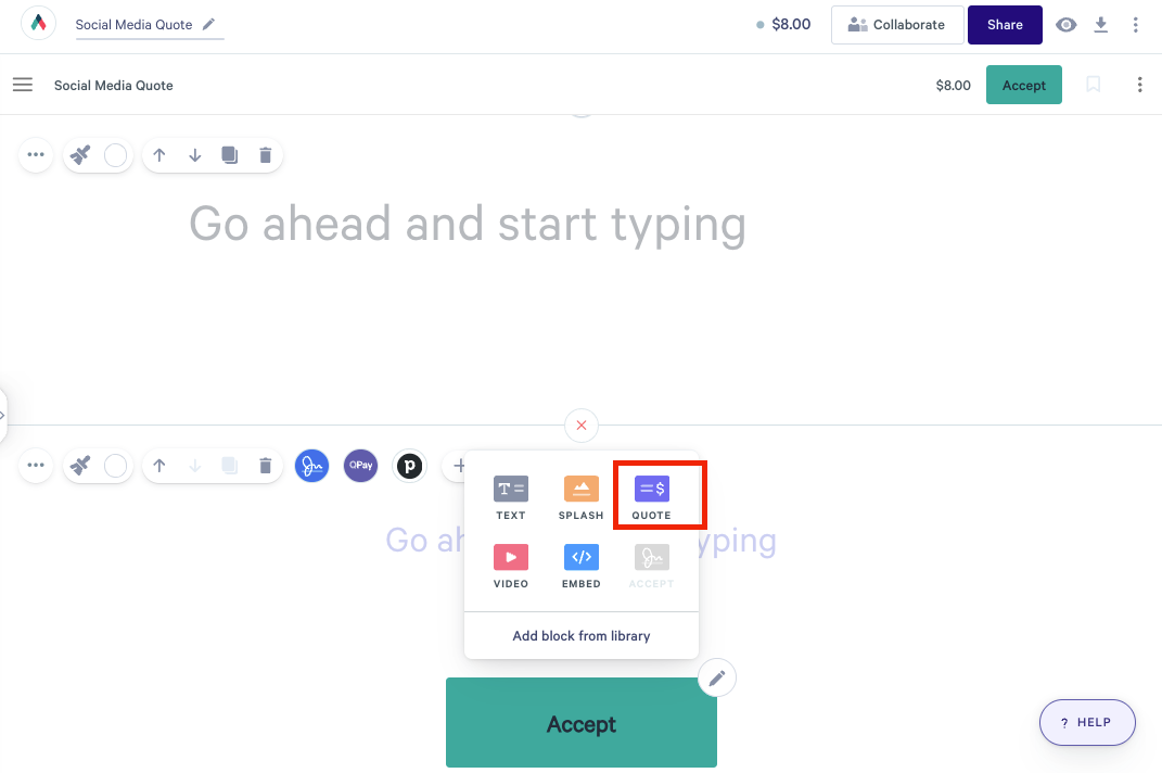 Qwilr's editor showing adding quote block