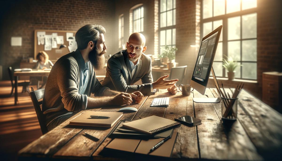 two men are sitting at a wooden table looking at a computer screen