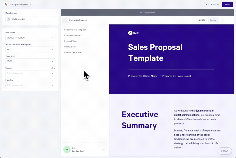 Owlr software displaying a sales proposal template with a sidebar for data input and a mouse cursor.