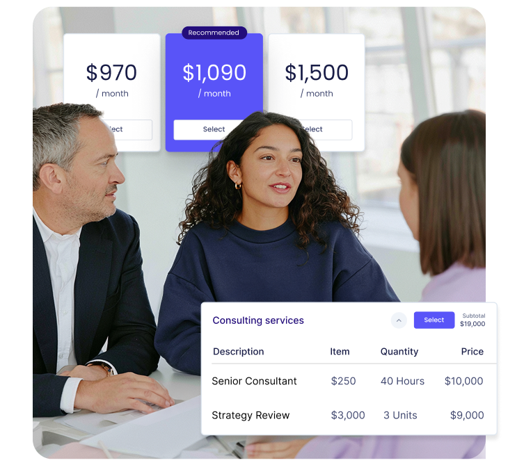 A team in a meeting with three pricing options and a cost breakdown overlaid.