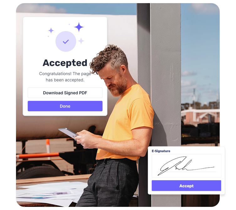 Man in an orange shirt uses a tablet to digitally sign a document, with "Accepted" and e-signature screens visible.