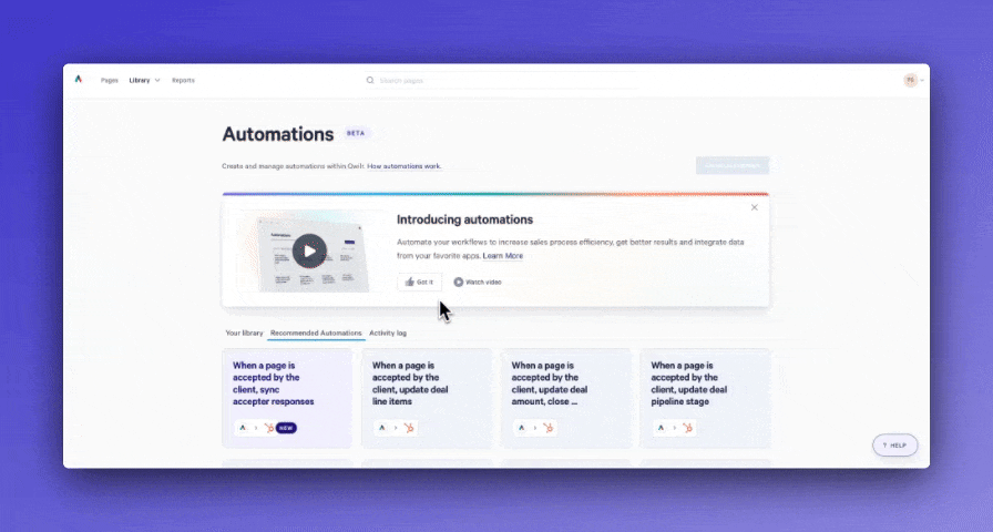 A web interface titled "Automations" showing an introductory pop-up with a video thumbnail and example automation cards below.