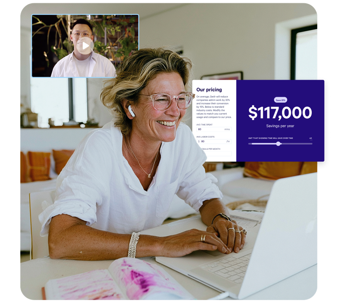 Smiling woman on a laptop with a video call and a digital overlay showing '$117,000 Savings per year'.