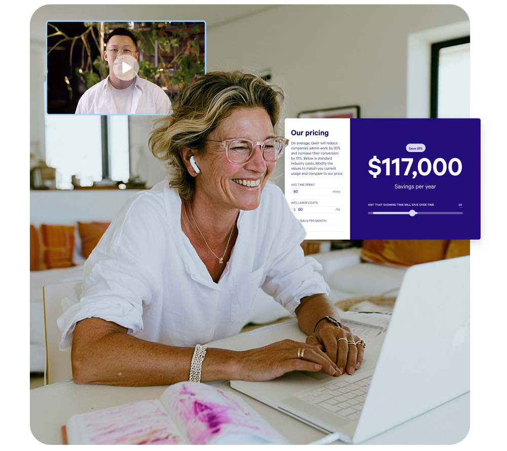 Smiling woman on a laptop with a video call and a digital overlay showing '$117,000 Savings per year'.