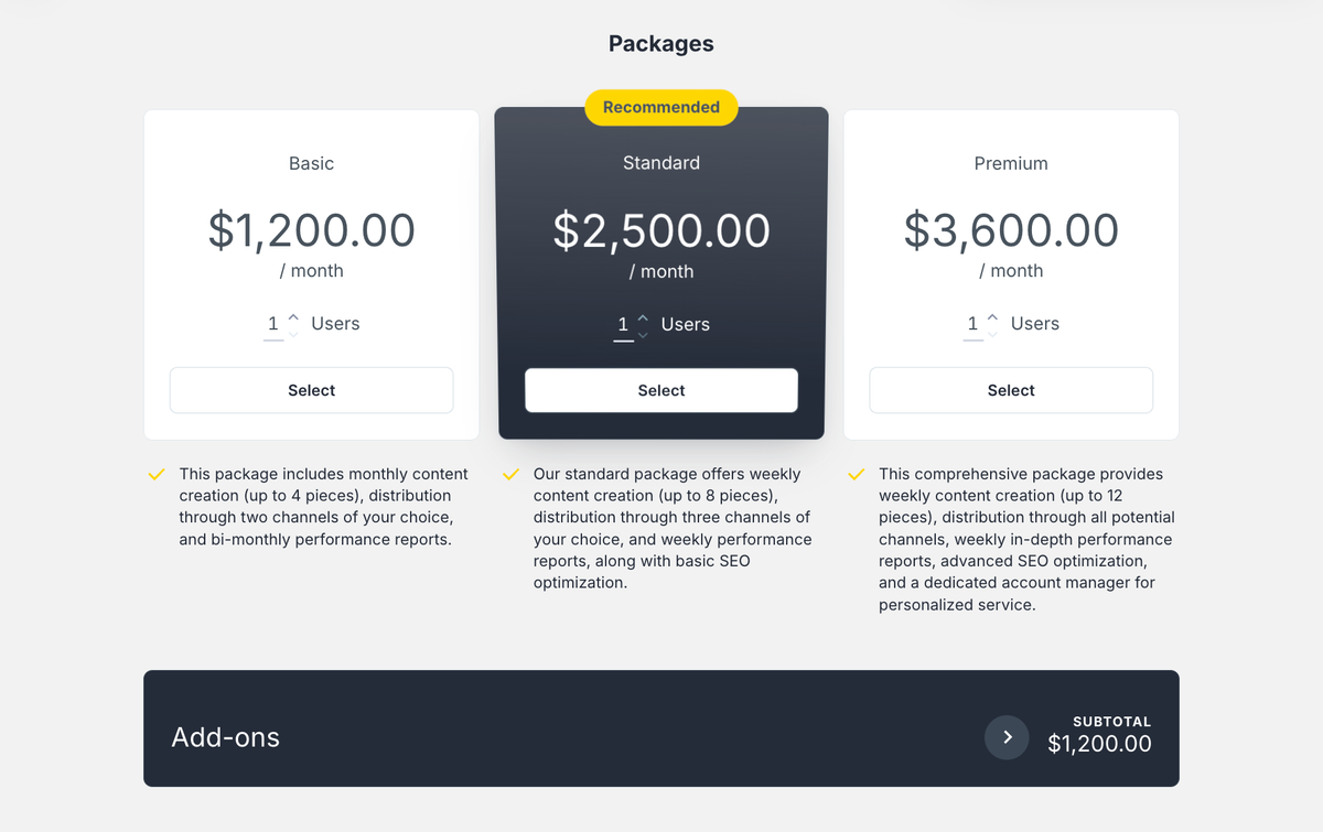 A pricing page showing three packages: Basic ($1,200/month), Recommended Standard ($2,500/month), and Premium ($3,600/month), with descriptions and an Add-ons section.