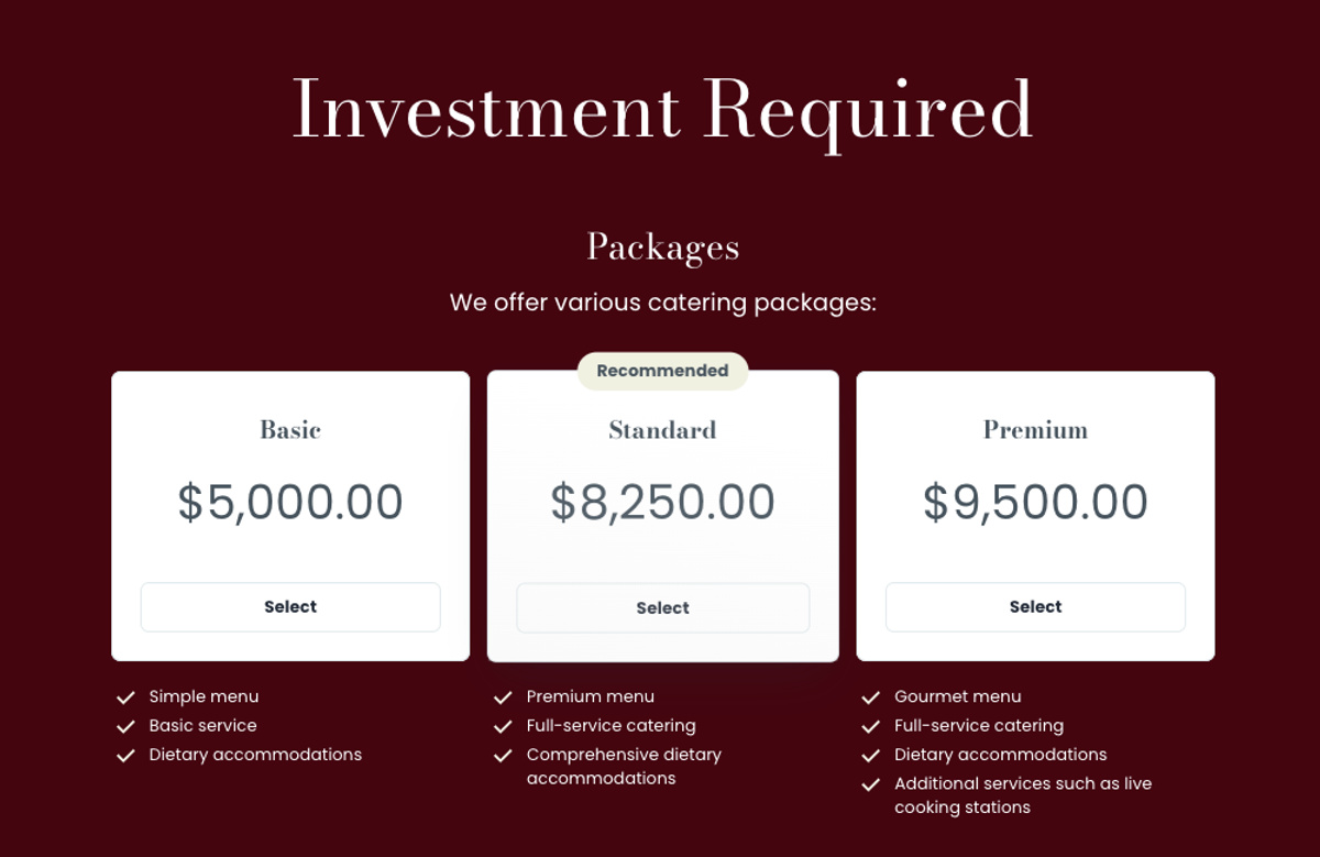 investment required packages are displayed on a website