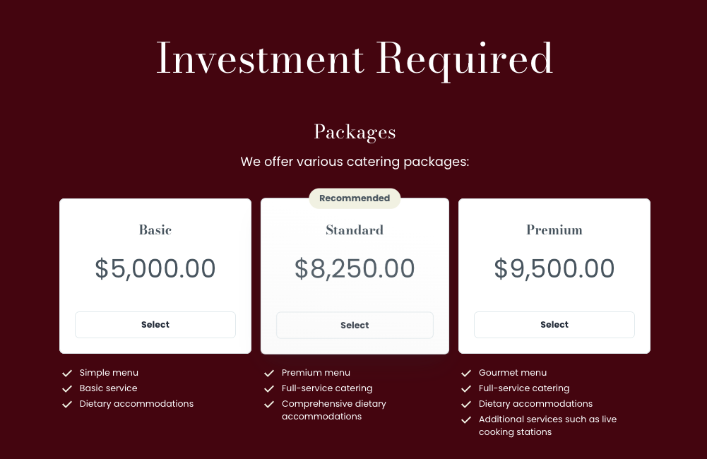 investment required packages are displayed on a website