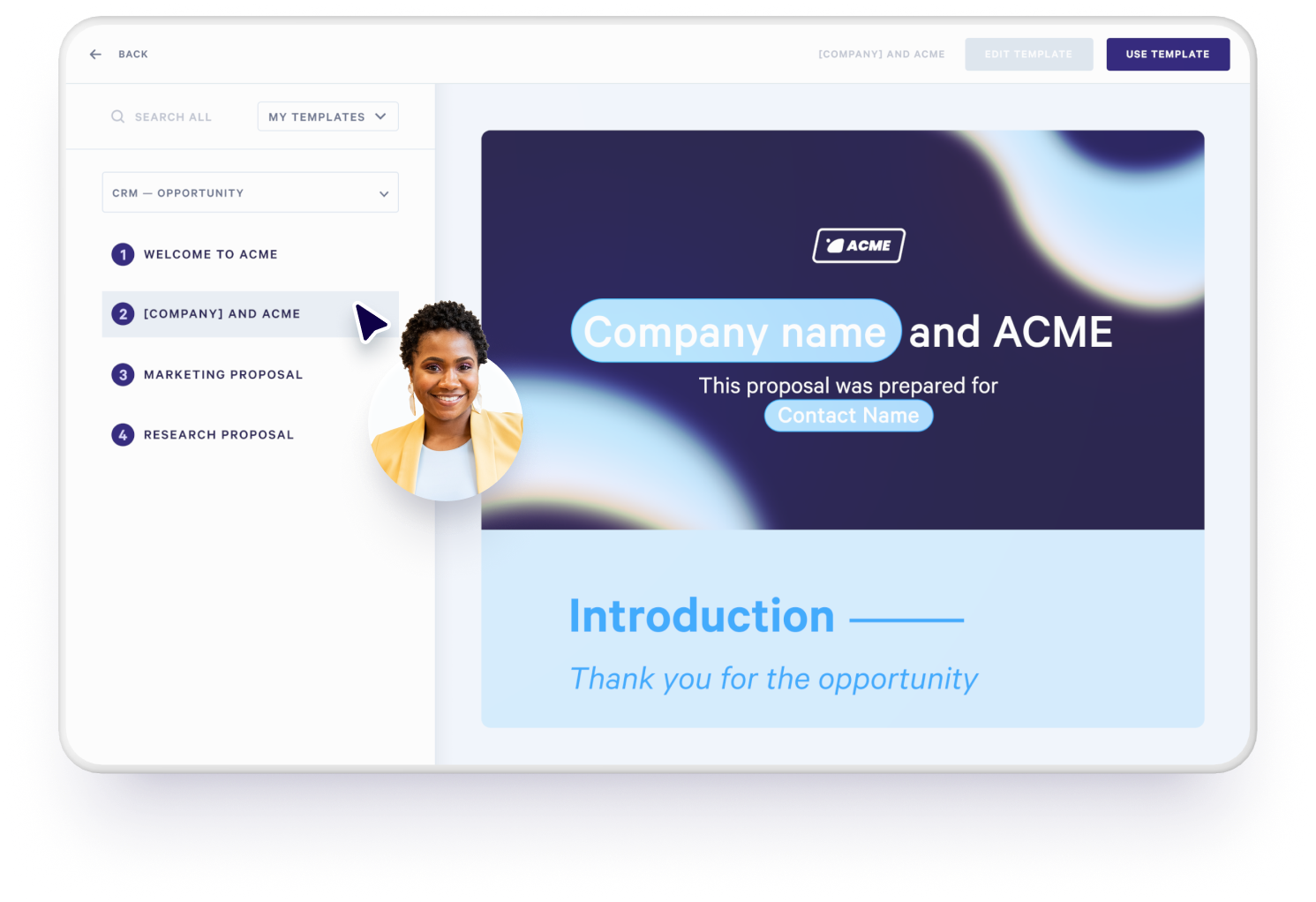 A digital interface for a proposal builder, showing a document template with a navigation pane and a smiling woman's profile overlay.