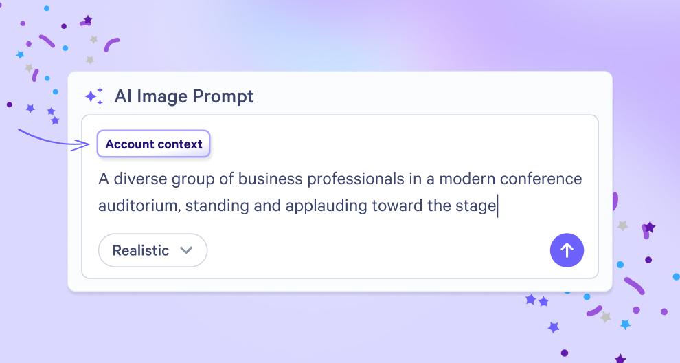 AI Image Prompt interface showing a prompt for an image of business professionals applauding in a conference auditorium.