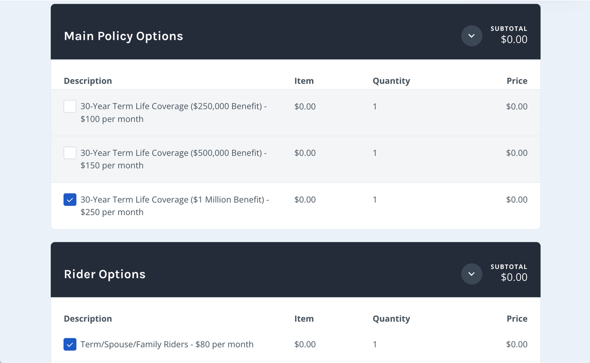 a screenshot of the main policy options and rider options page