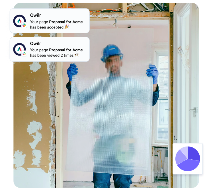 A construction worker holds a panel in a renovation setting, with Qwilr notifications showing an accepted and viewed proposal.
