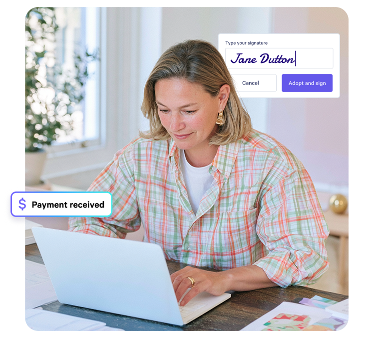 Woman using a laptop with a digital signature prompt for "Jane Dutton" and a "Payment received" notification.