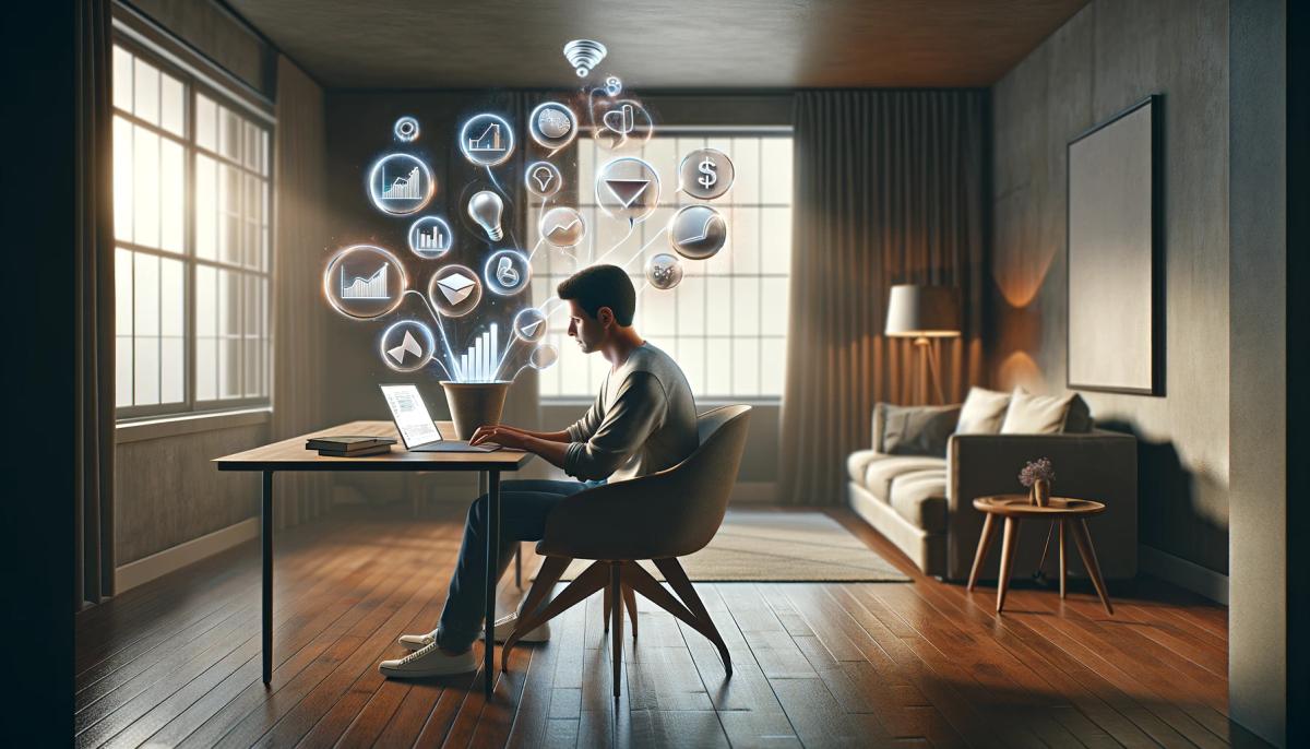 a man is sitting at a desk using a laptop computer in a living room