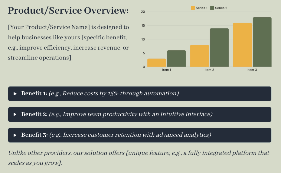 a page that says product service overview on it