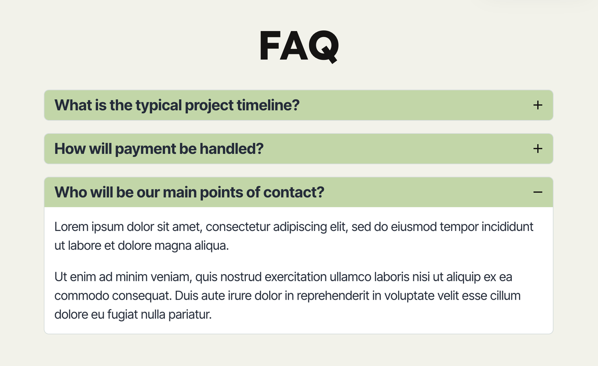 A FAQ section with expandable questions; one question is expanded showing placeholder text.