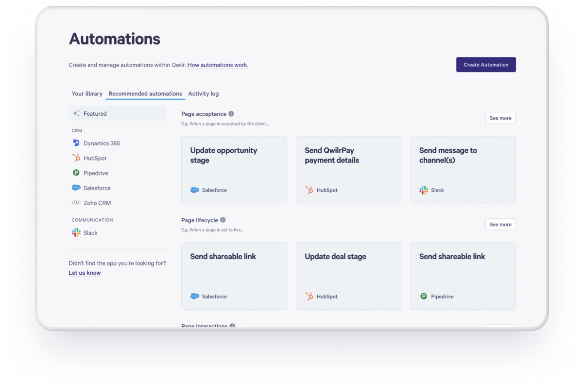 A software interface showing "Recommended automations" with integrations for CRM and communication tools like Salesforce, HubSpot, and Slack.